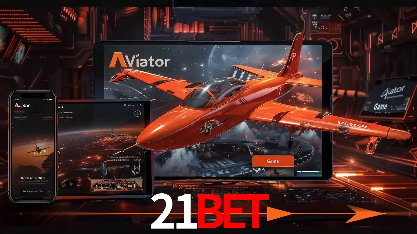 Apresentação tecnológica do jogo Aviator com um avião saindo da tela de um tablet, demonstrando a experiência imersiva em múltiplos dispositivos no 21bet.