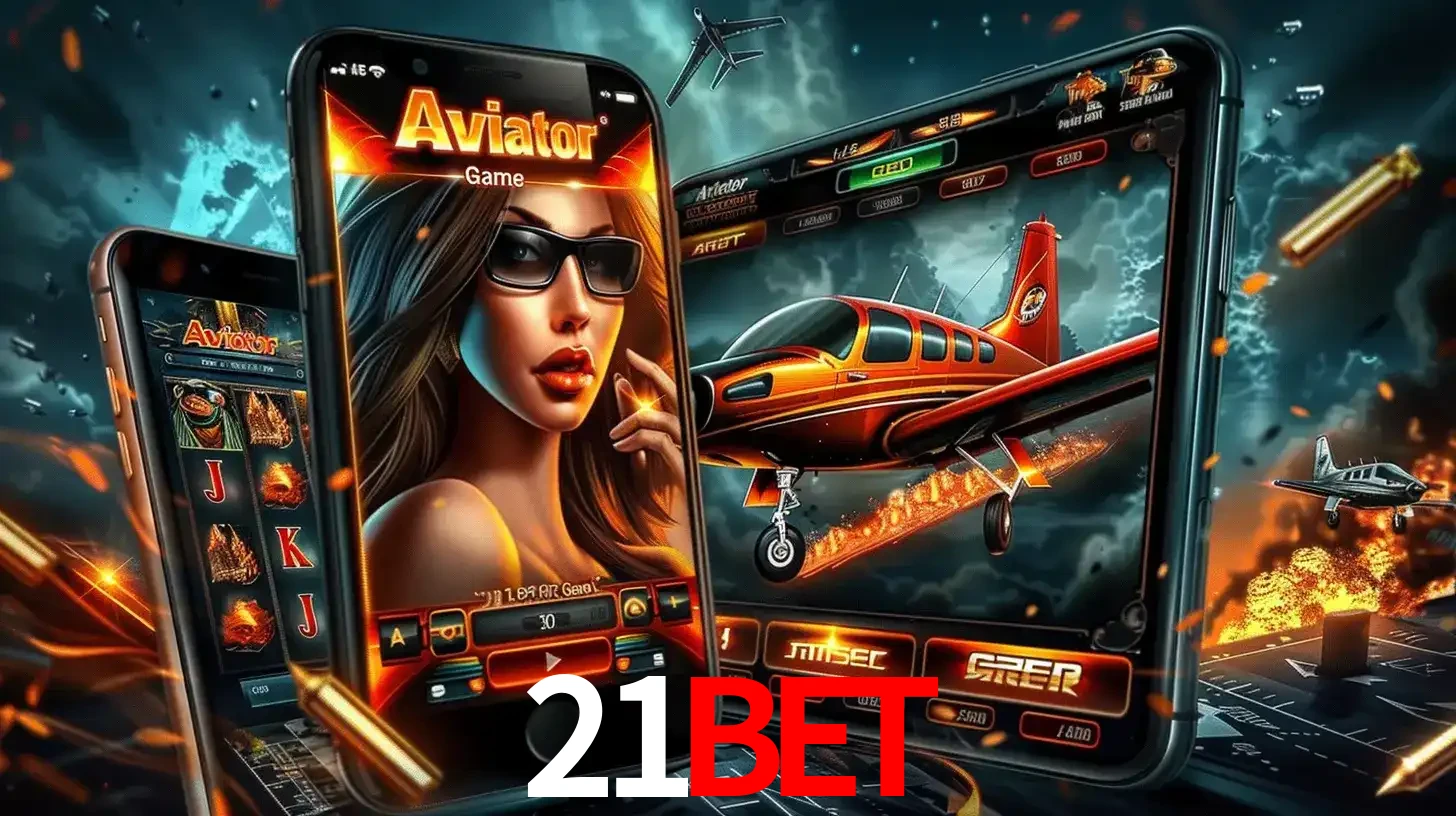O popular jogo de apostas Aviator exibido em vários celulares e tablets, mostrando a interface emocionante e a ação de voo disponíveis para jogar agora no 21bet.