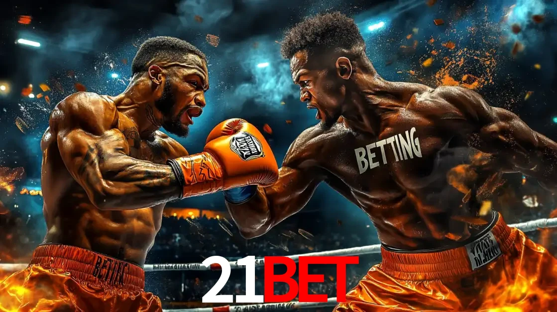 Dois boxeadores em uma luta intensa e explosiva, representando a adrenalina e as oportunidades de apostas em esportes de combate disponíveis na plataforma 21bet.