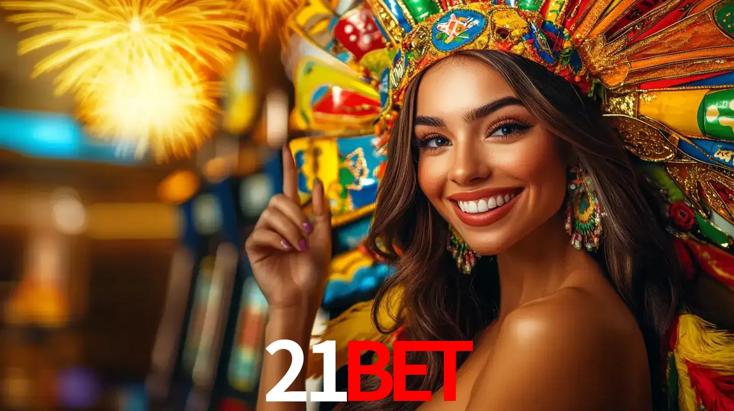 Mulher sorridente com um cocar de carnaval vibrante e colorido, celebrando uma grande vitória nos jogos do cassino 21bet com fogos de artifício ao fundo.
