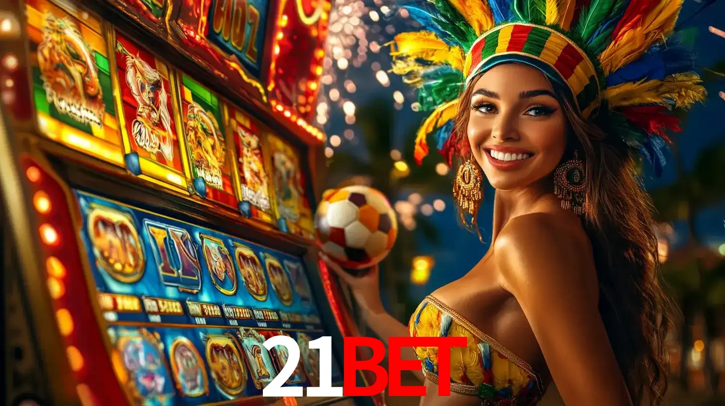 Mulher com um cocar de carnaval ao lado de uma máquina de caça-níqueis enquanto segura uma bola de futebol, mostrando a união da diversão de cassino e esportes no 21bet.