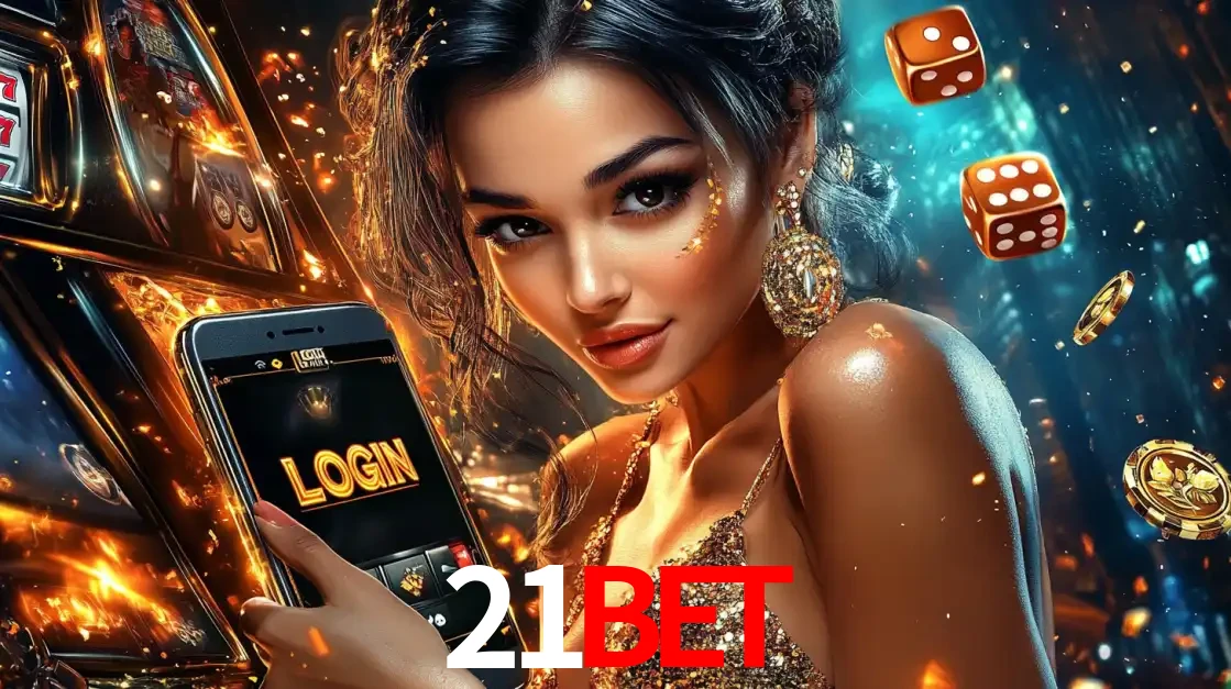 Mulher glamourosa segurando um celular com a tela de login do cassino 21bet, rodeada por dados e moedas douradas, pronta para começar a diversão.
