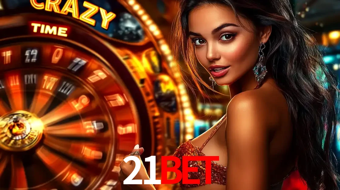 Mulher ao lado da roda de prêmios do jogo de cassino ao vivo Crazy Time, um dos shows de jogos mais emocionantes oferecidos pela plataforma de apostas 21bet.