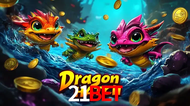 Arte promocional do jogo Dragon Hatch com três adoráveis dragões bebês nadando entre moedas de ouro, um dos slots mais divertidos para jogar no cassino 21bet.