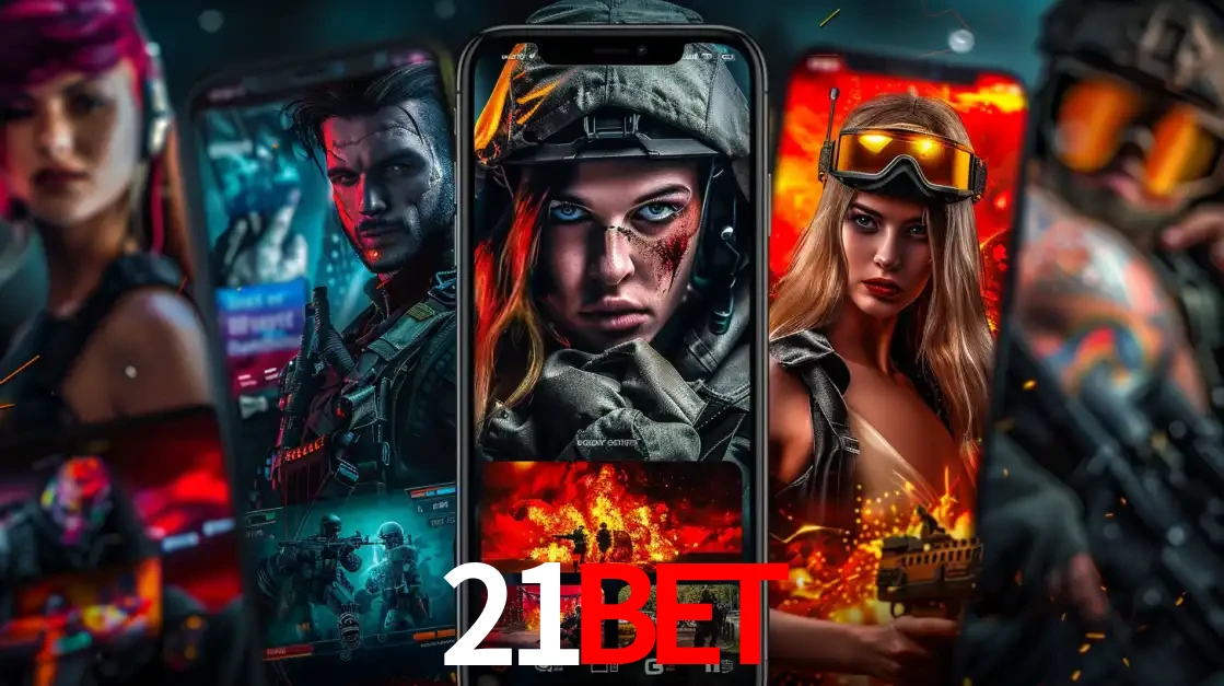 Montagem de telas de celular mostrando diversos personagens, masculinos e femininos, de um jogo de tiro, ilustrando a diversidade de equipes de e-sports para apostar no 21bet.