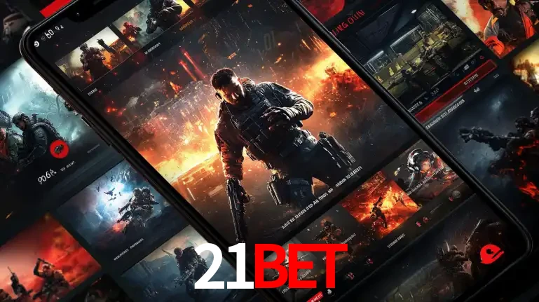 Tela de um celular exibindo uma galeria de jogos de tiro com temática militar, mostrando a variedade de e-sports disponíveis para apostas na plataforma de entretenimento 21bet.