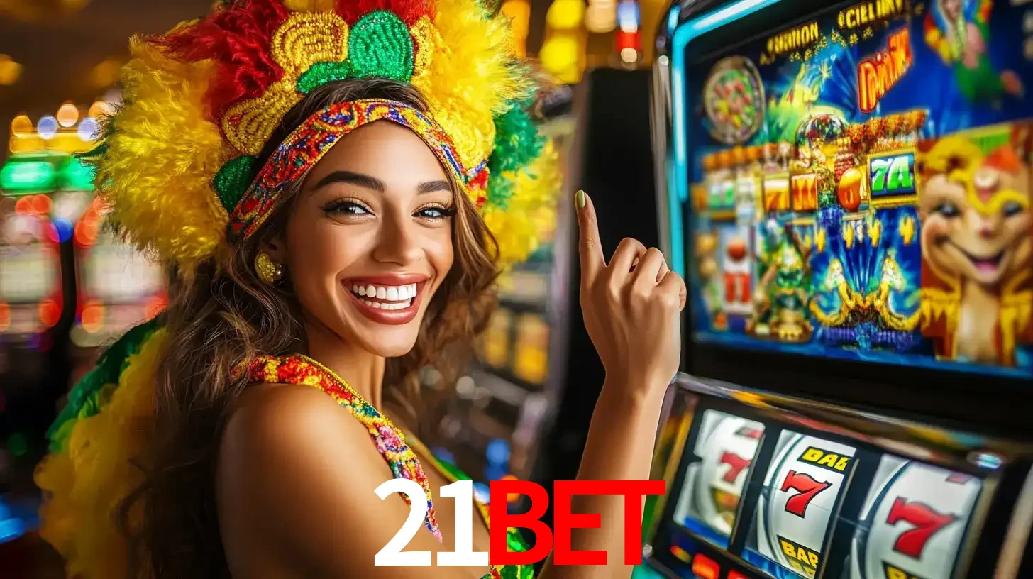 Mulher animada com um cocar de carnaval apontando para uma máquina de caça-níqueis, mostrando a emoção de ganhar um grande prêmio nos jogos do 21bet.