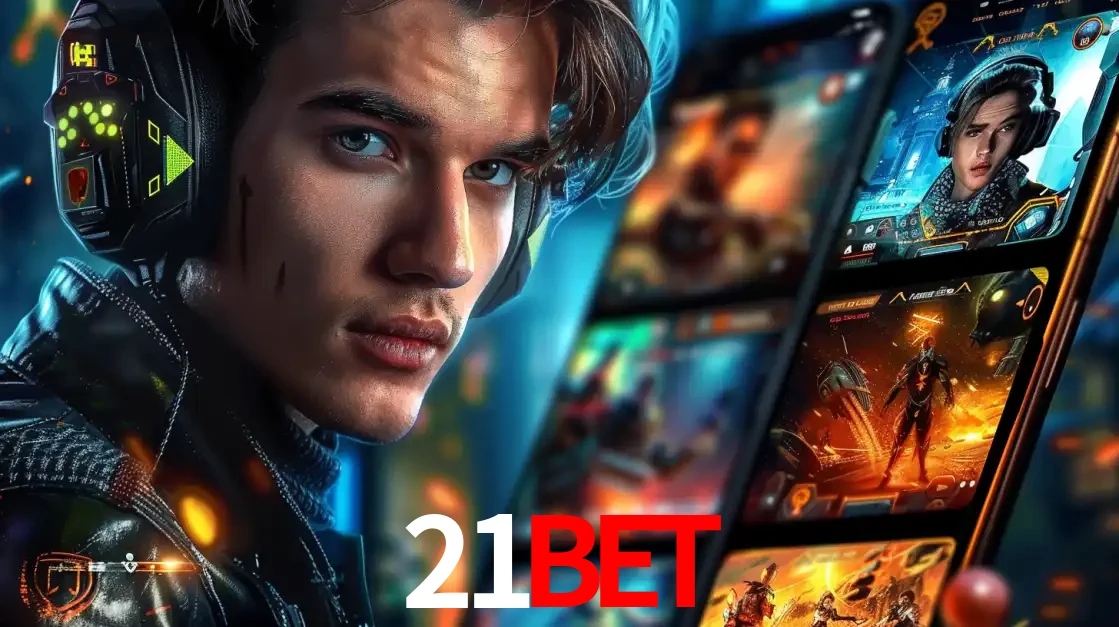 Jovem jogador com fones de ouvido olhando para a câmera, com um aplicativo de jogos e e-sports para celular ao fundo, pronto para a competição e apostas no 21bet.