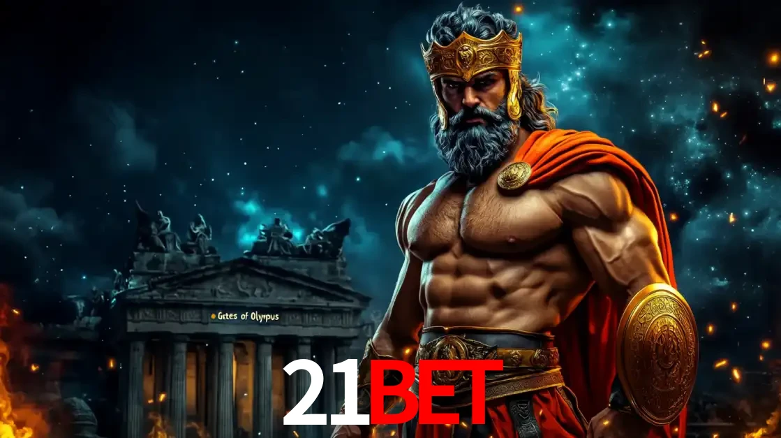 O poderoso Zeus do jogo de slot Gates of Olympus em frente ao seu templo, pronto para lançar multiplicadores divinos e prêmios épicos no cassino online 21bet.