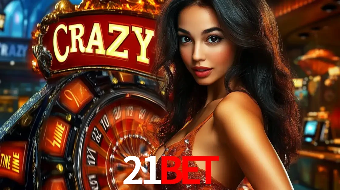 Mulher glamourosa olhando para a câmera com a roda vermelha do Crazy Time ao fundo em um ambiente de cassino, destacando a emoção dos jogos ao vivo no 21bet.