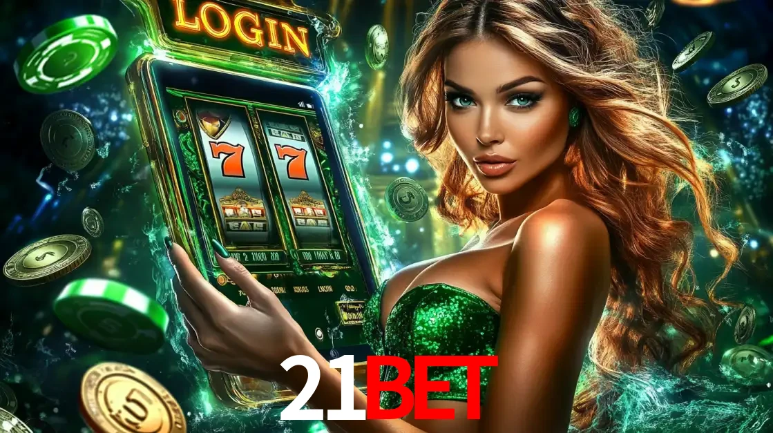 Mulher com tema verde apresentando o aplicativo do cassino 21bet com um jogo de slot de 777, cercada por fichas de cassino e uma aura de sorte.