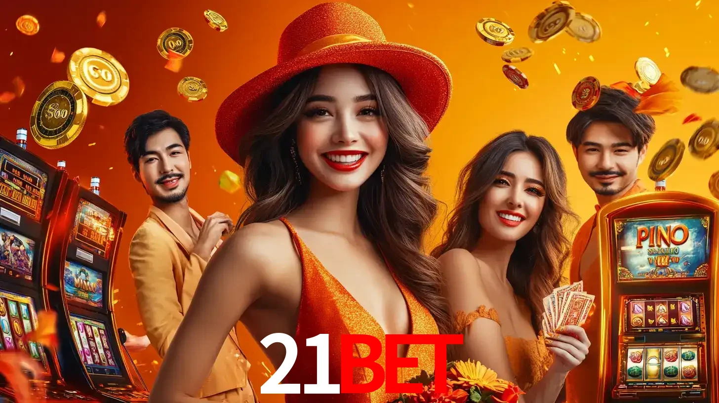 Grupo de amigos asiáticos sorrindo e se divertindo com máquinas de caça-níqueis em um ambiente festivo, celebrando suas vitórias nos jogos de cassino do 21bet.