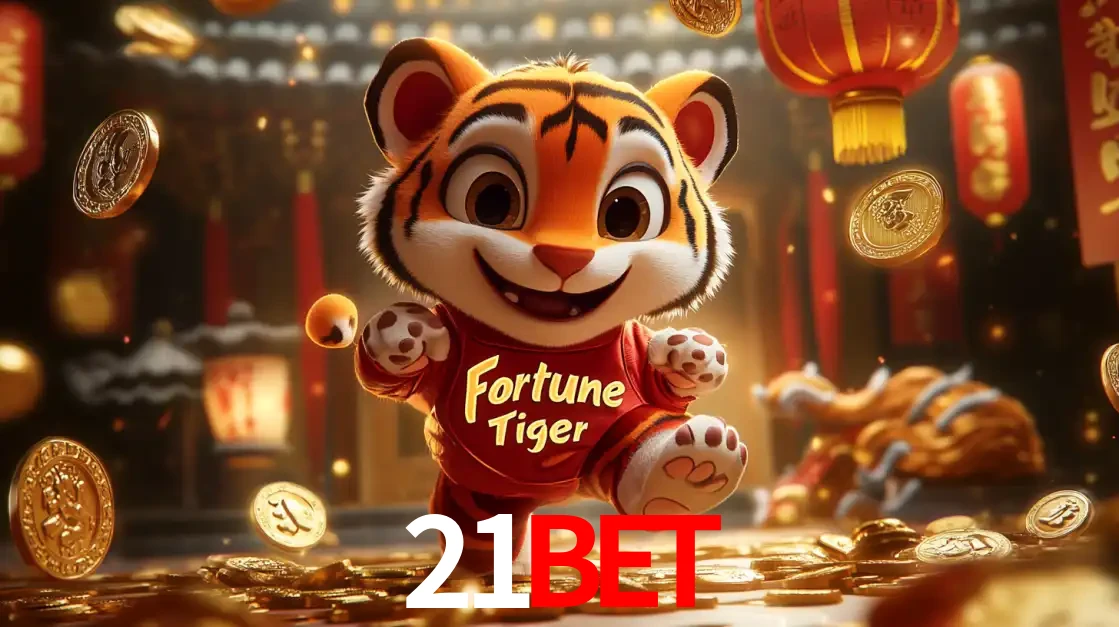 O alegre personagem do Fortune Tiger correndo sobre um caminho de moedas de ouro, simbolizando os grandes prêmios e a diversão do popular jogo de slot do 21bet.