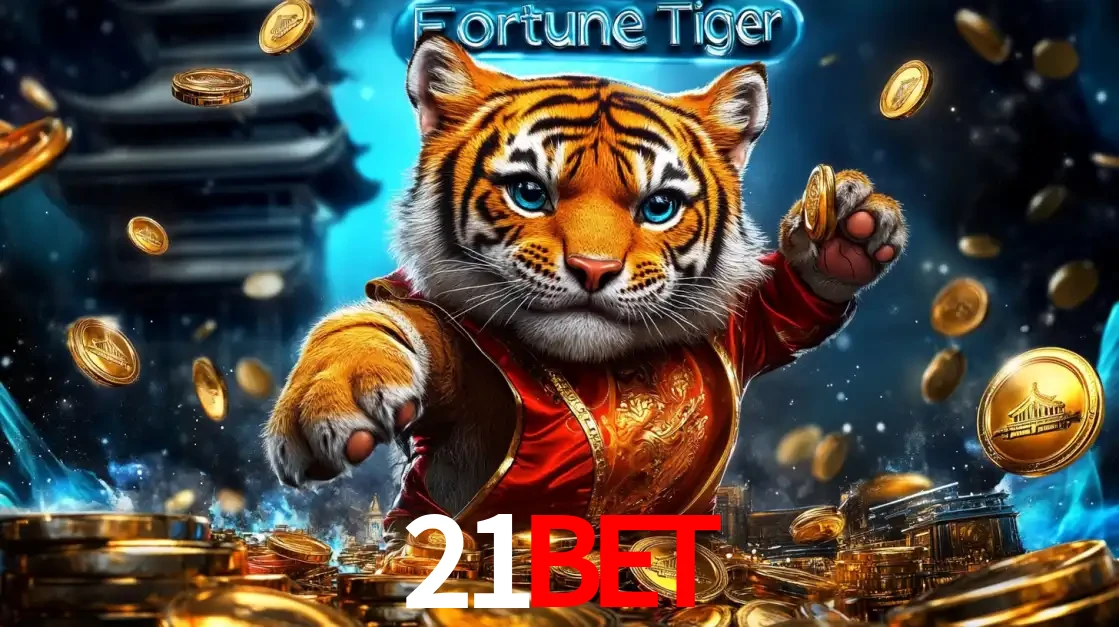 Imagem promocional do jogo de slot Fortune Tiger, com um tigre majestoso em traje tradicional cercado por uma fortuna em moedas de ouro, disponível agora no cassino 21bet.