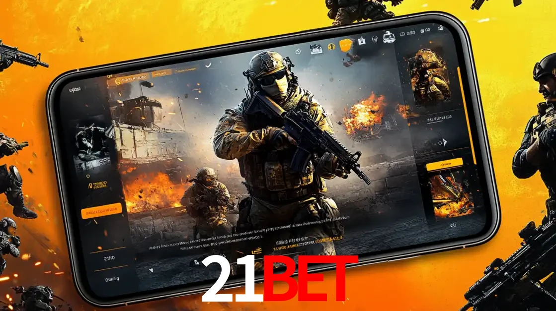 Um smartphone exibindo a interface de um jogo de tiro em primeira pessoa, com um soldado em um cenário de batalha, representando a ação dos e-sports para apostar no 21bet.