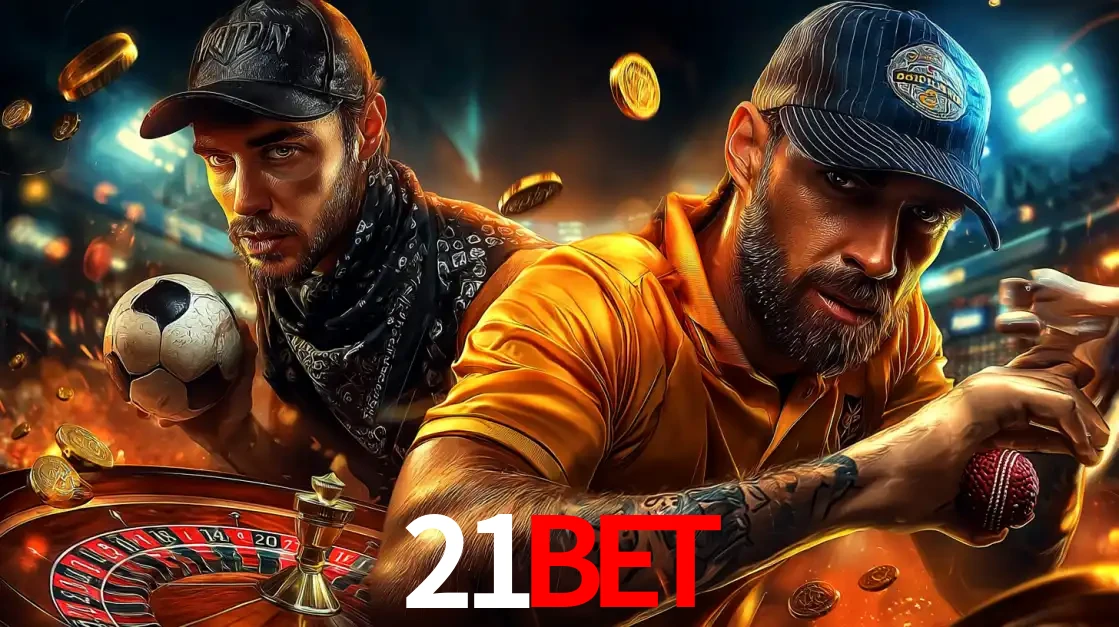Montagem de apostas esportivas e cassino no 21bet, com um homem segurando uma bola de futebol e outro uma de beisebol sobre uma roleta e moedas voadoras.