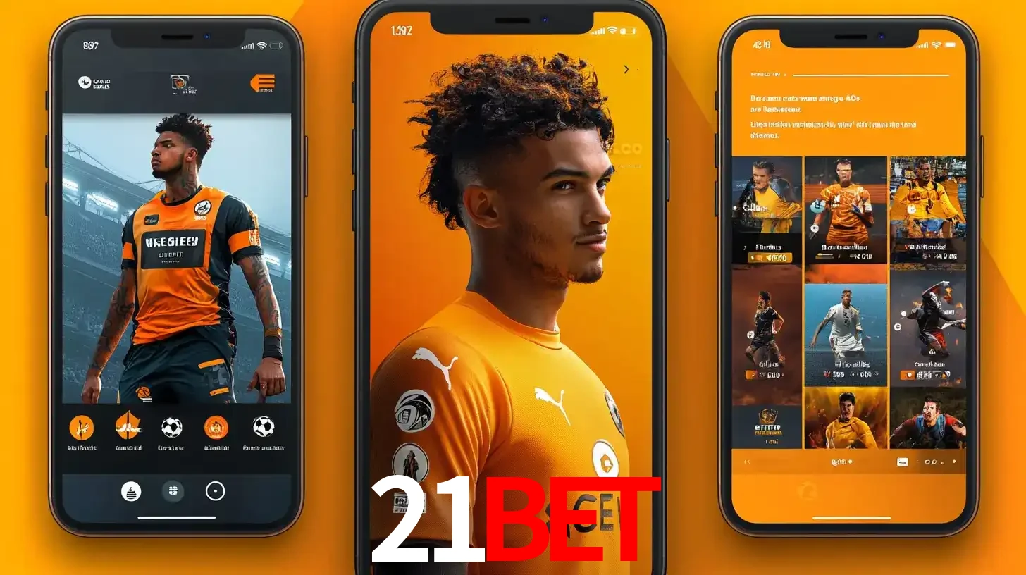 Interface do aplicativo de apostas esportivas 21bet em três telas de celular, mostrando o perfil de um jogador de futebol e a lista de jogos disponíveis para apostar.