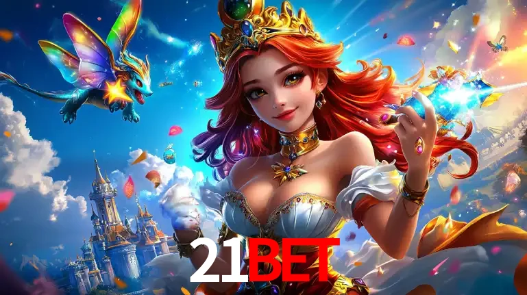 A princesa de um reino de fantasia mágico, com seu pequeno dragão, apresentando um mundo de prêmios encantados nos jogos de caça-níqueis do cassino 21bet.