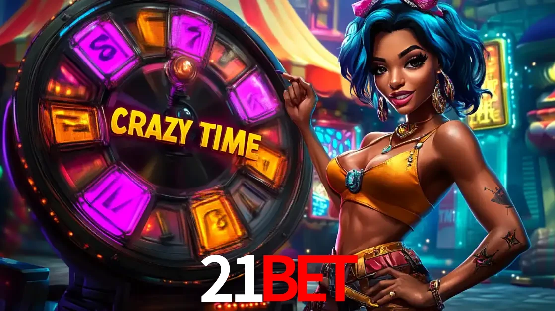 Mulher estilizada com cabelo azul e visual vibrante posando ao lado da roda de prêmios do game show Crazy Time, convidando para a diversão e os bônus do cassino 21bet.
