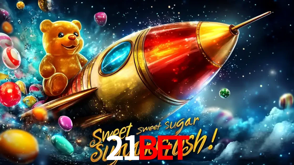 Arte promocional do jogo de slot Sugar Rush, com um urso de pelúcia em um foguete viajando pelo espaço de doces, um dos jogos divertidos disponíveis no cassino 21bet.