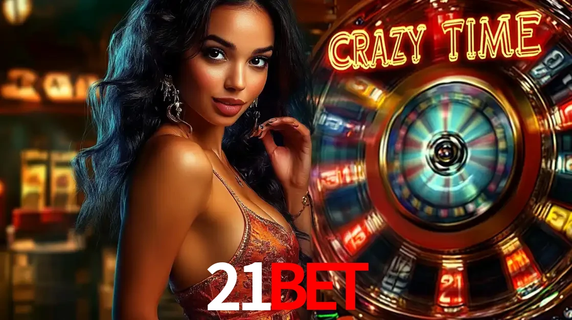 Mulher elegante ao lado da vibrante roda da fortuna do jogo de cassino ao vivo Crazy Time, um dos game shows mais populares e cheios de prêmios do 21bet.