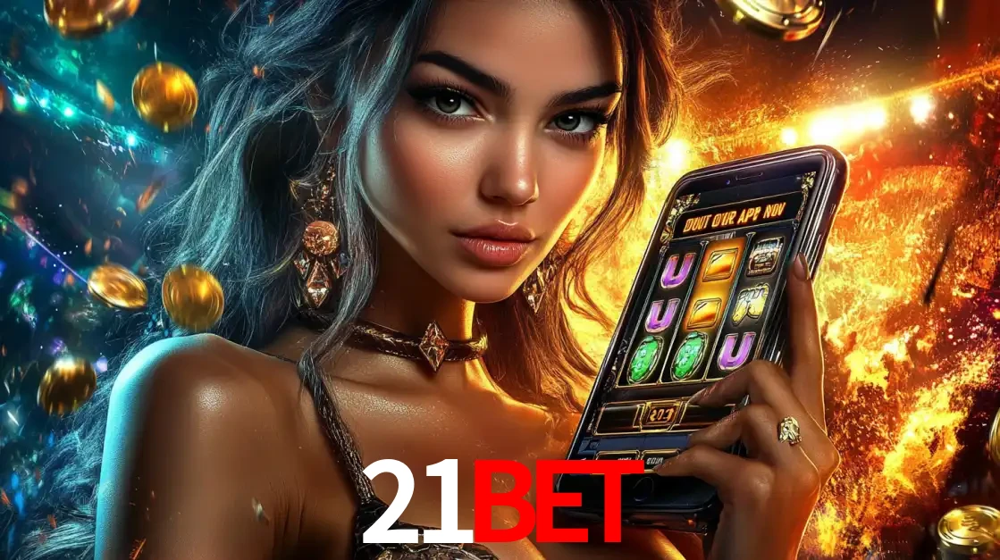 Mulher elegante mostrando um jogo de caça-níqueis em seu smartphone, destacando a experiência de cassino móvel oferecida pelo aplicativo 21bet.