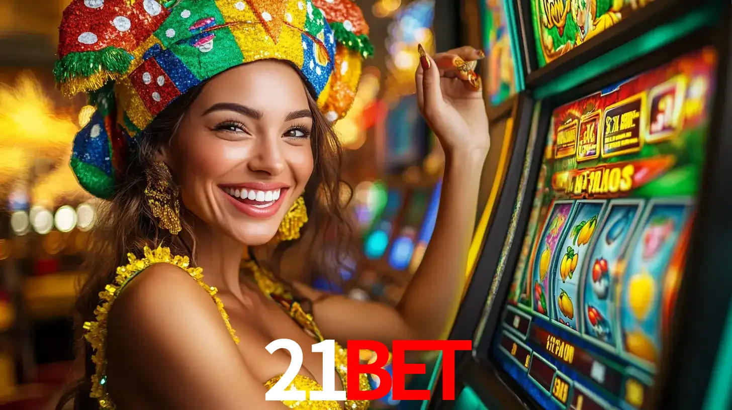 Mulher feliz com traje de carnaval amarelo e colorido ao lado de uma máquina de caça-níqueis, aproveitando a diversão e os jogos temáticos do cassino 21bet.