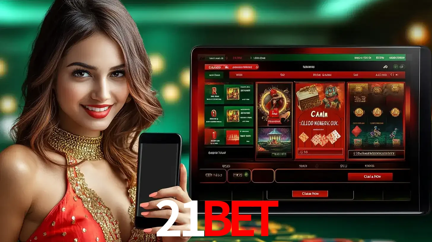 Mulher sorridente segurando um smartphone, ao lado de uma tela exibindo o lobby de jogos do cassino online 21bet, com várias opções de jogos de cartas e slots.